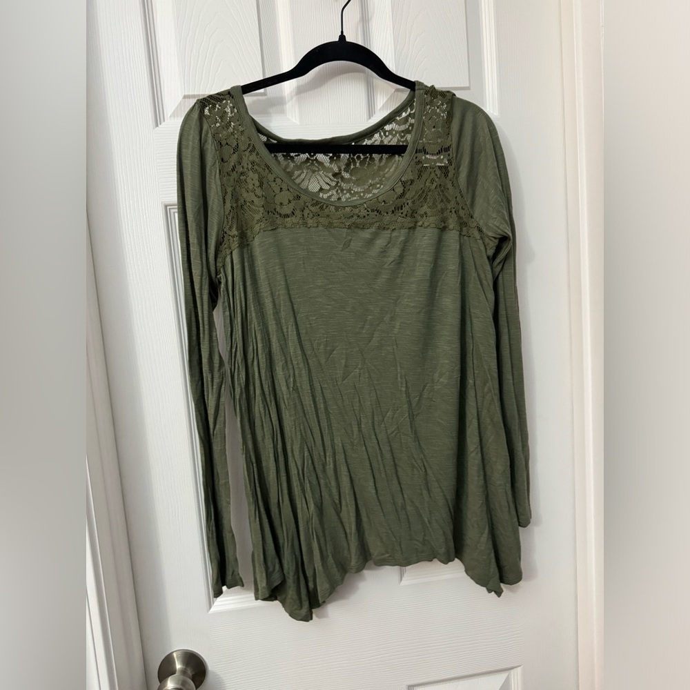 Hollister Olive Green Long Sleeve Lace Yoke Top